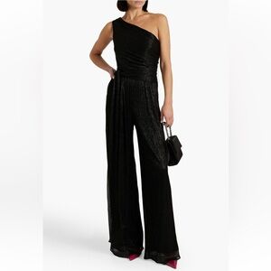 Halston one shoulder metallic crinkled jersey wide-leg jumpsuit